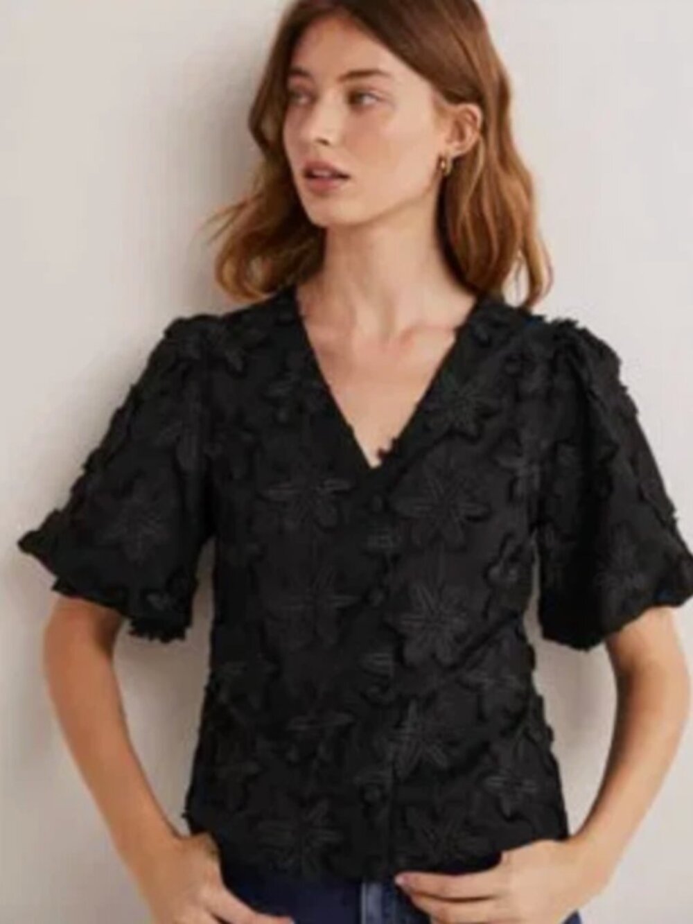 Boden Puff Sleeve Black Button Up 3D Floral Embroidery V Neck Womens Size 4